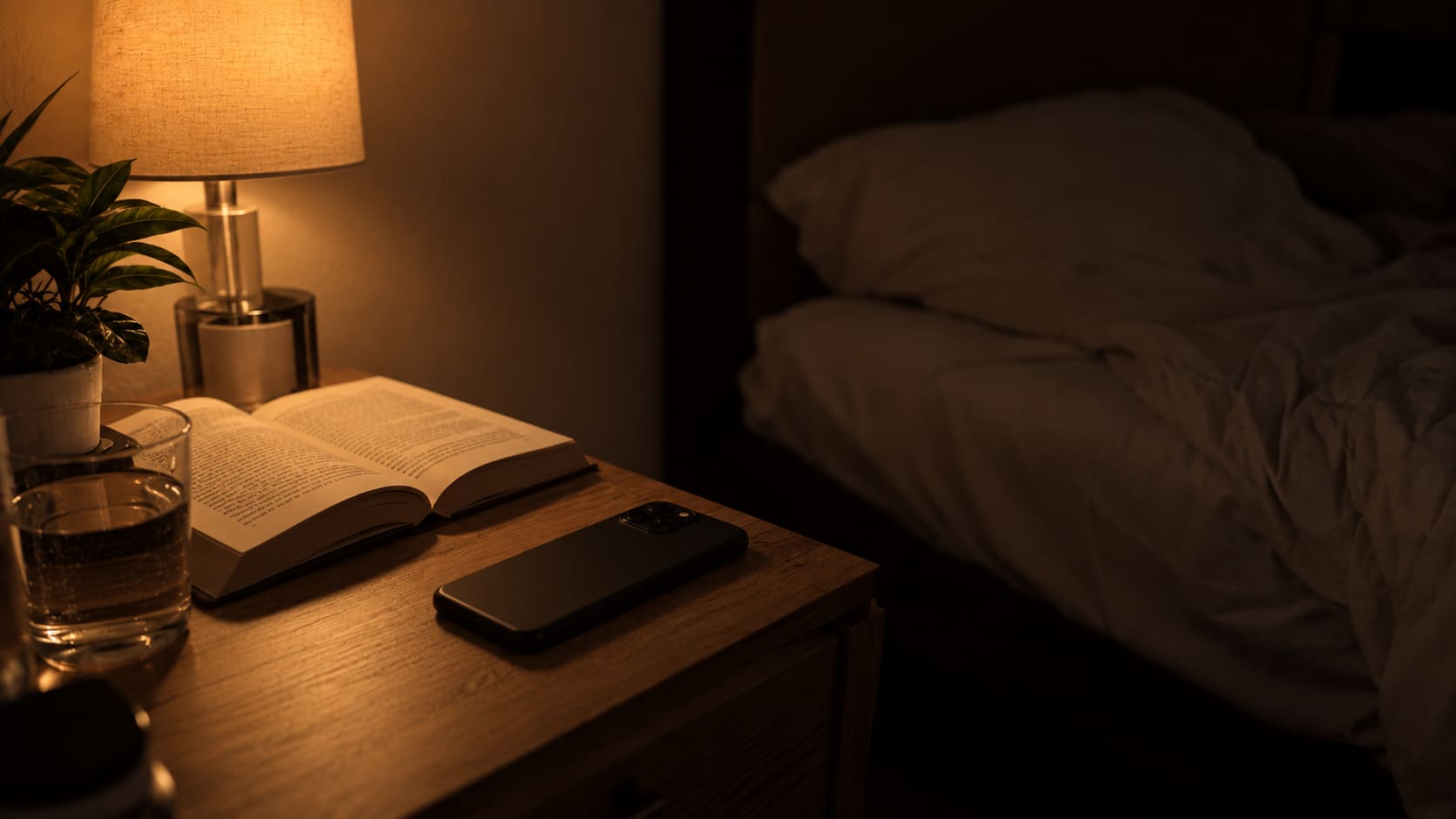 The same nightstand with the lamp switched on, an open book, and the phone lying face down beside it.