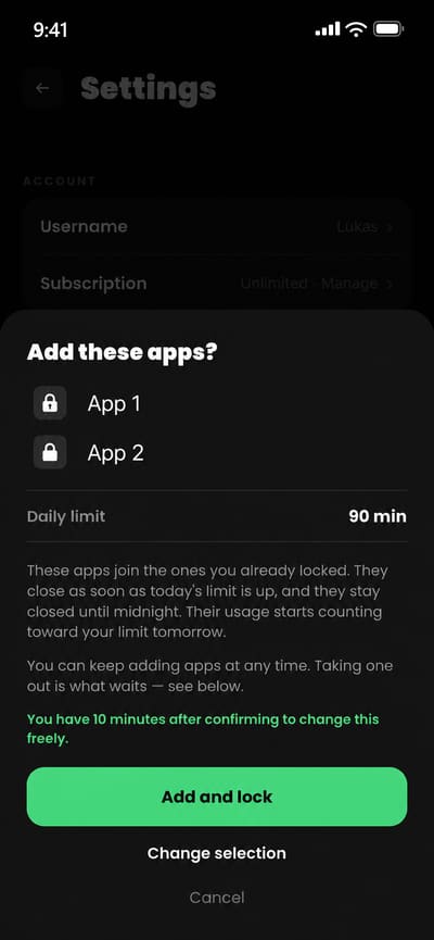 The sheet where you confirm the apps to block, shown as App 1 and App 2 with lock icons, and a 90-minute daily limit.