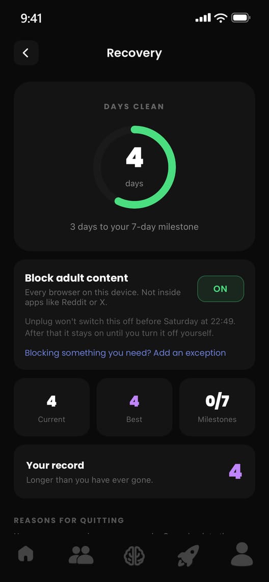 The Recovery screen with the Block adult content card switched on, and the line that Unplug will not switch it off before Saturday at 22:49.