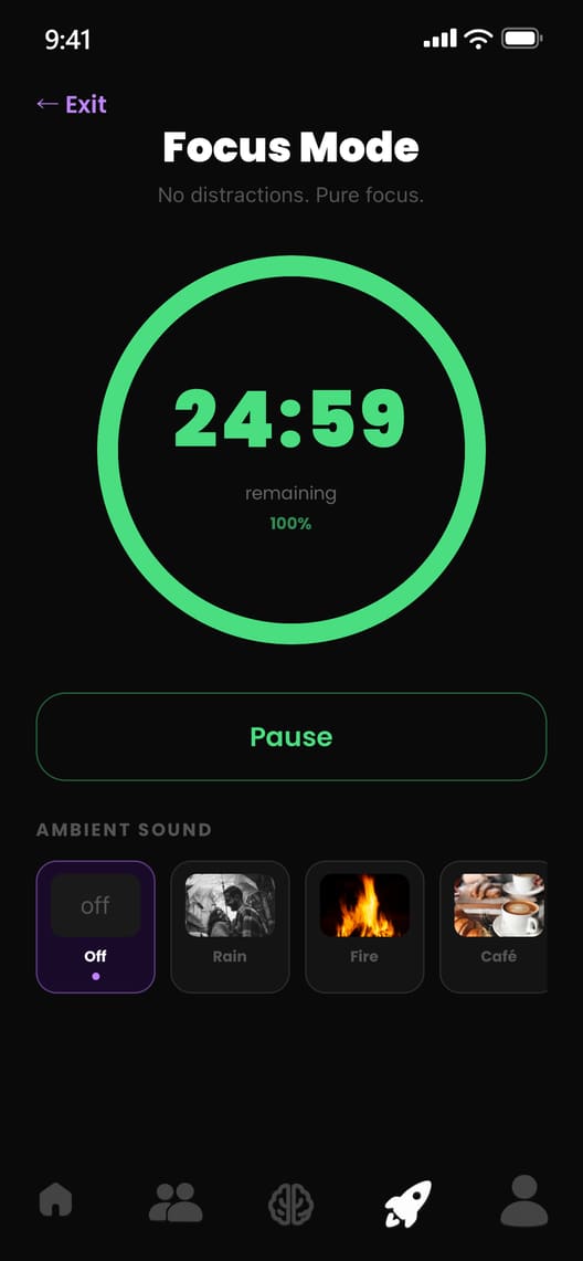 The focus timer running: a green ring around 24:59 remaining, a pause button, and the ambient sound picker below it.