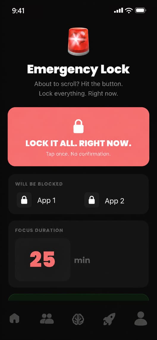 The Emergency Lock screen: a red siren, the line About to scroll? Hit the button, one big red button that reads Lock it all. Right now. Tap once. No confirmation, the apps that will be blocked, and a focus duration of 25 minutes.