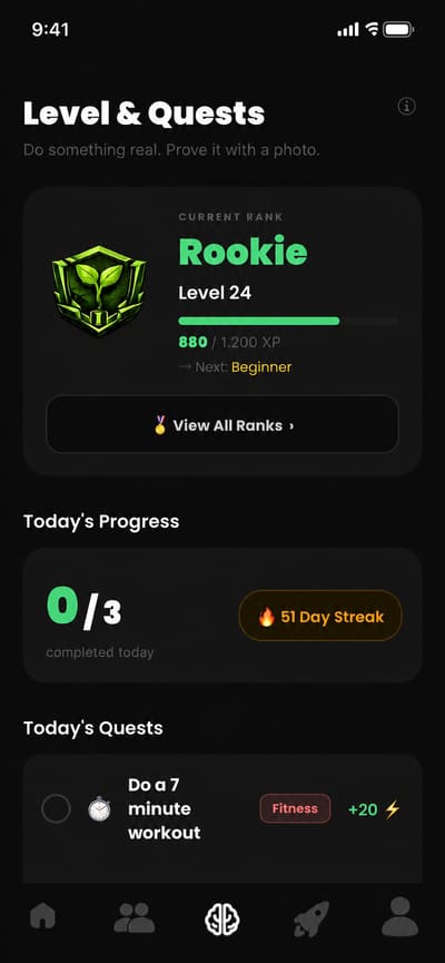 The quests screen with today's small jobs.